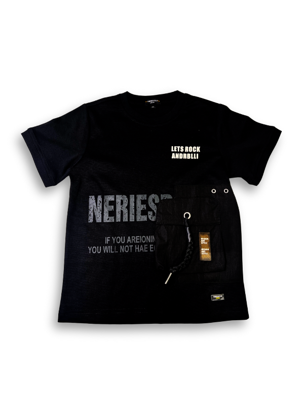 Boys' black short-sleeve t-shirt with a textured look, a slanted cargo utility pocket with a drawcord, and white and grey lettering on the chest.
Export to Sheets