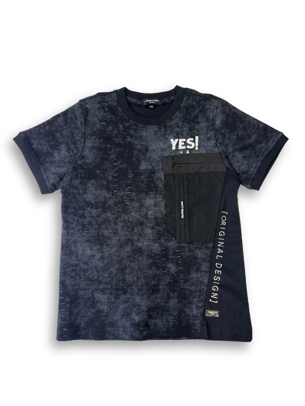 Boys' black and grey washed-texture t-shirt with a solid black side panel and a zipper utility pocket, with the white text "YES!" on the chest.
Export to Sheets