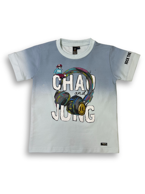Boys' ombré blue and white t-shirt with a colorful graphic of retro headphones and bold black and white text.
Export to Sheets