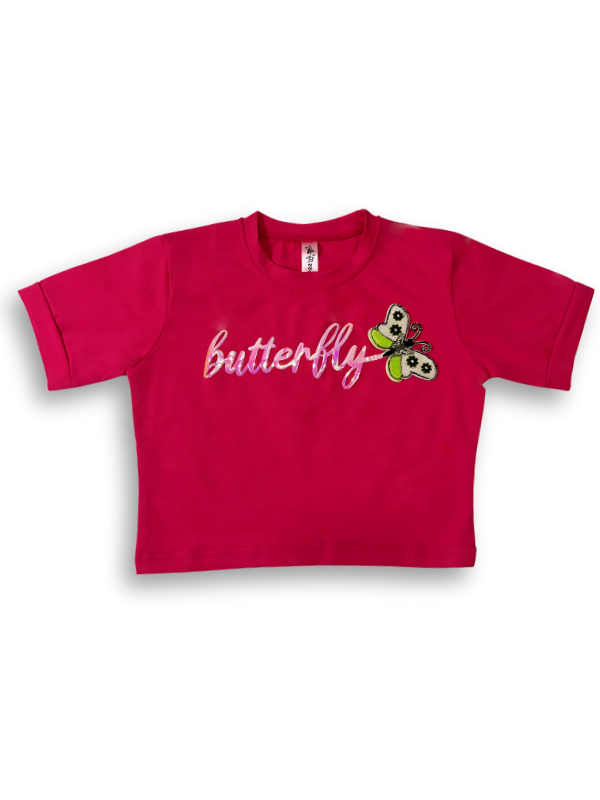 Girls' Hot Pink Butterfly Graphic Crop T-Shirt
