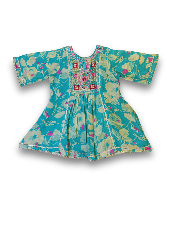 Girls' Aqua Floral Printed Kurta Sharara Set