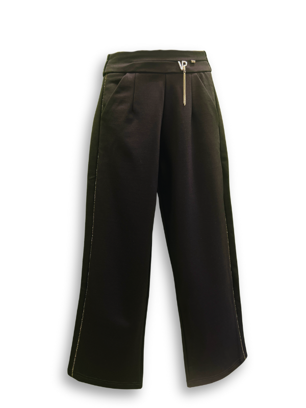 Girls' black wide-leg or palazzo-style trousers with a gold zipper accent at the waist and a delicate metallic gold glitter stripe down the outside seam of both legs.
Export to Sheets