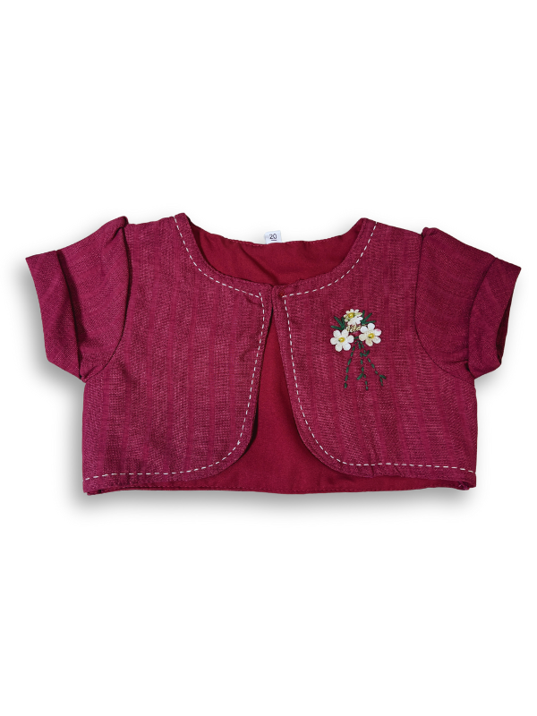 Girls' two-piece outfit featuring a berry pink textured bolero jacket with floral embroidery over a white and pink striped floral print dress with pleats.
Export to Sheets