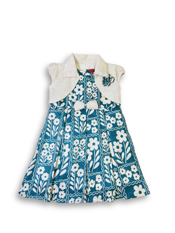 Girls' two-piece outfit featuring a teal and white oversized floral print dress with a detachable, cream-colored textured bolero jacket with a collar.
Export to Sheets