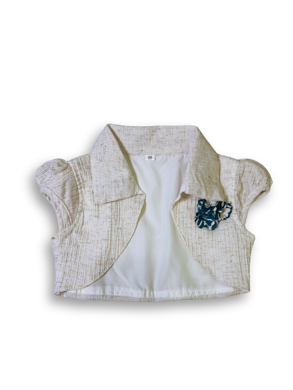 Girls' two-piece outfit featuring a teal and white oversized floral print dress with a detachable, cream-colored textured bolero jacket with a collar.
Export to Sheets