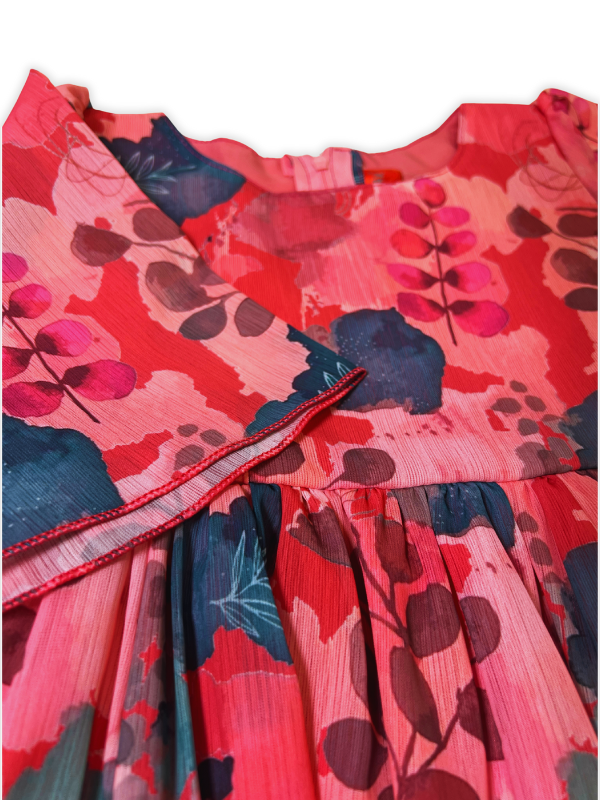 Girls' pink, red, and blue watercolor-print dress with three-quarter bell sleeves and a tiered ruffle at the bottom hem.
Export to Sheets