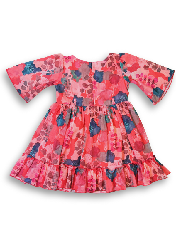 Girls' pink, red, and blue watercolor-print dress with three-quarter bell sleeves and a tiered ruffle at the bottom hem.
Export to Sheets