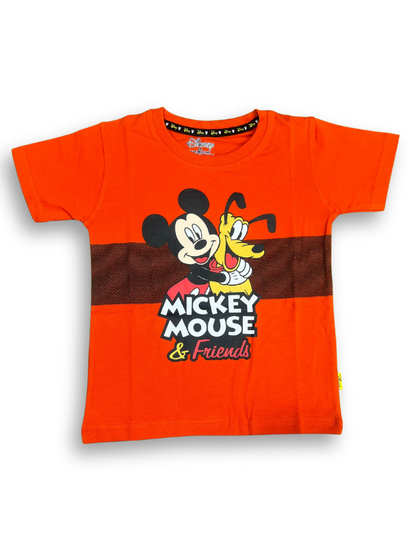 A boys' short-sleeve orange T-shirt featuring a graphic of Mickey Mouse and Pluto over a black horizontal stripe, with the text "MICKEY MOUSE & Friends."