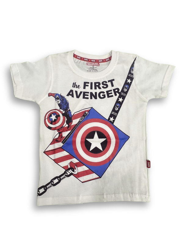 A boys' short-sleeve white T-shirt with a large Captain America graphic, showing the hero and his shield above a dynamic shield design and the text "the FIRST AVENGER."