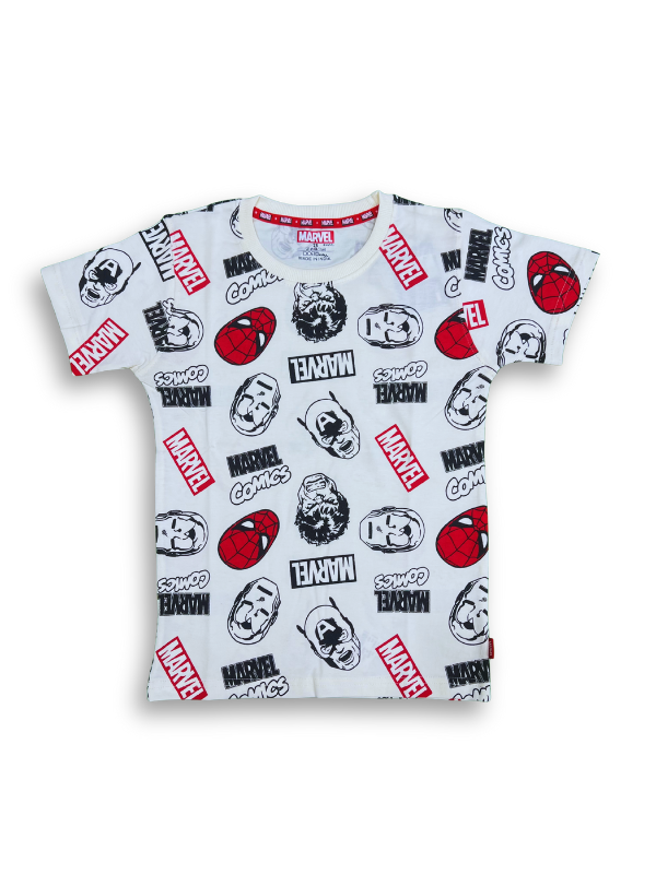 Close-up of a boys' cream-colored T-shirt with an all-over print featuring various Marvel comic graphics, including Spider-Man's mask, the Hulk's face, and Marvel logos.