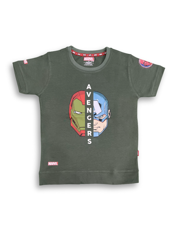 A boys' short-sleeve olive green T-shirt with a central graphic that splits vertically, showing half of Iron Man's mask and half of Captain America's mask, with the word AVENGERS in between.