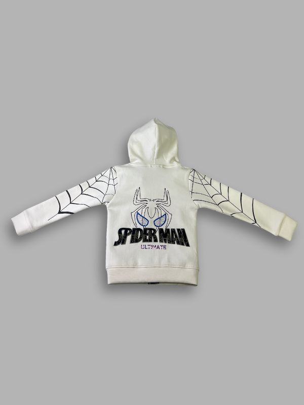 Cream/off-white boys' full-zip hoodie jacket with a Spider-Man mask design on the hood, black spider web graphics on the sleeves, and a small "Spider-Man Ultimate" logo on the chest