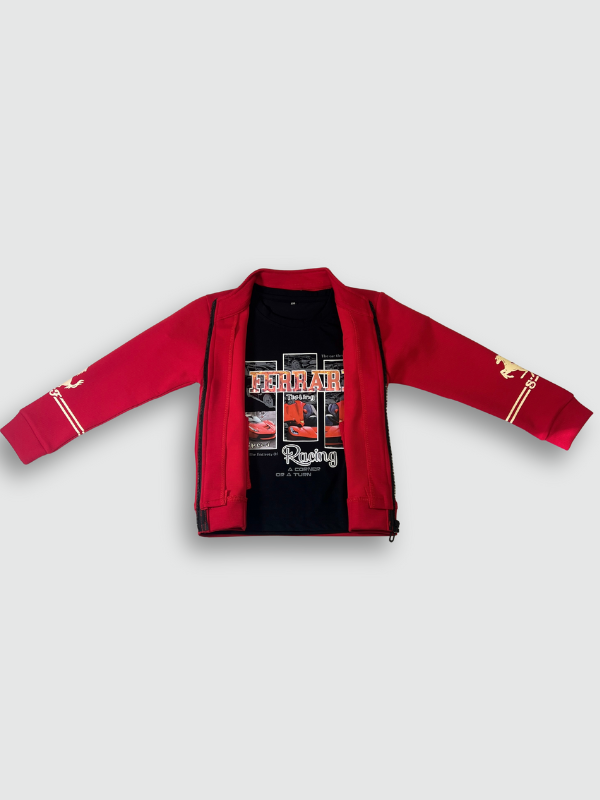 Bright red boys' zip-up jacket with black piping and gold horse emblems on the sleeves, styled over a black graphic T-shirt