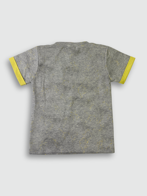 Speckled gray boys' short-sleeve T-shirt with bright yellow trim on the cuffs and a matching yellow chest pocket, featuring a black, green, and white technical graphic