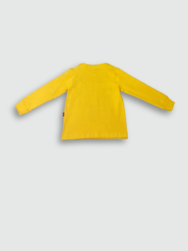 Mustard yellow boys' short-sleeve T-shirt with a large dark brown floral/leaf print and a small circular 'Be Humble' emblem on the chest.