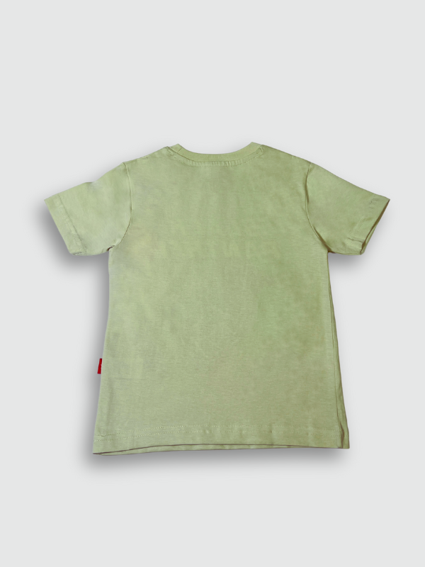 Vibrant lime green boys' short-sleeve T-shirt with a brown and white outlined, distressed "TAZ-MANIA" text graphic in the center