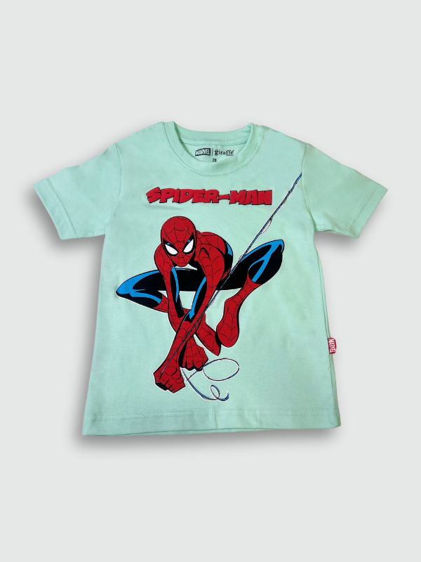 Light mint blue boys' short-sleeve T-shirt with a large graphic of Marvel's Spider-Man swinging on a web, with the red "SPIDER-MAN" logo above him