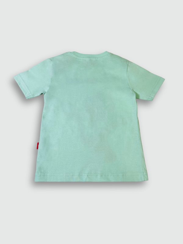 Light mint blue boys' short-sleeve T-shirt with a large graphic of Marvel's Spider-Man swinging on a web, with the red "SPIDER-MAN" logo above him