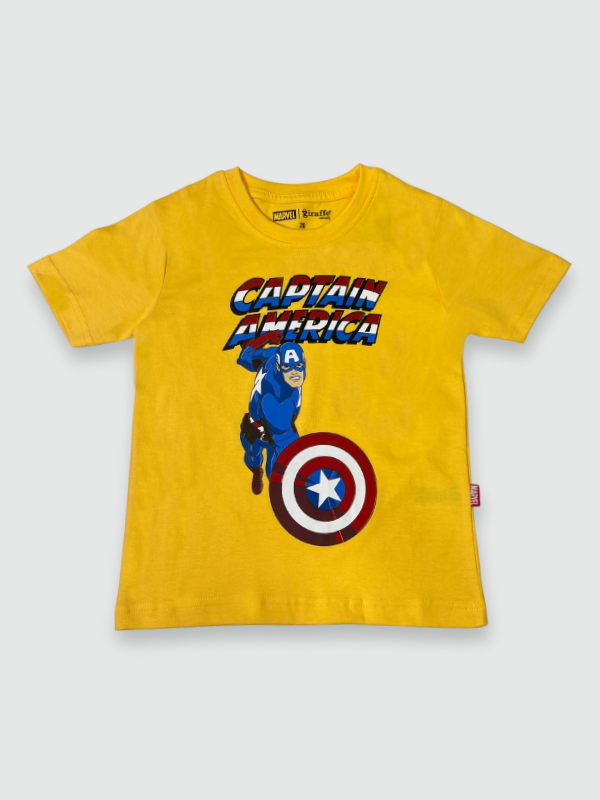 Bright yellow boys' short-sleeve T-shirt with a large, colorful graphic of Marvel's Captain America in an action pose with his shield, and the "CAPTAIN AMERICA" logo above him