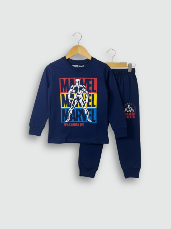 Two-piece boys' long-sleeve night suit in navy blue, featuring a colorful Marvel Black Panther graphic on the top and a matching Black Panther logo print on the jogger pants