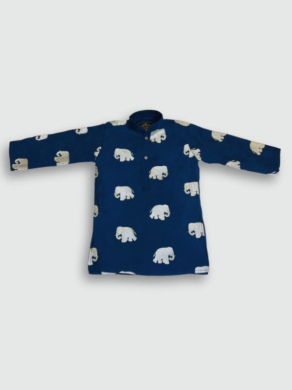 Boys' navy blue full-sleeve kurta with an all-over, repeating metallic silver elephant print, shown hanging on a hook. The ethnic top is suitable for festive occasions