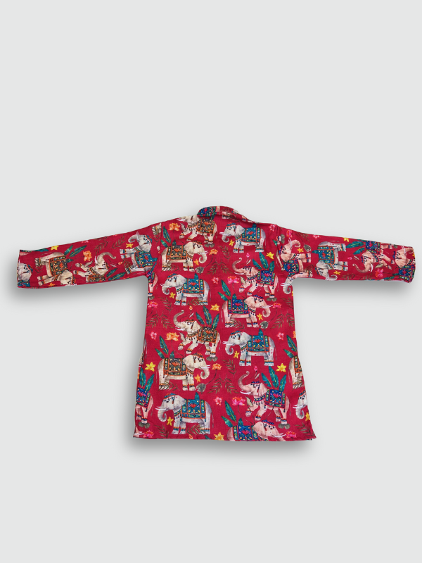 Boys' full-sleeve kurta in a deep Rani Pink/Red color, featuring a vibrant, all-over print of colorful, ornate elephants and tropical flowers. The traditional Indian ethnic topwear is shown on a mannequin