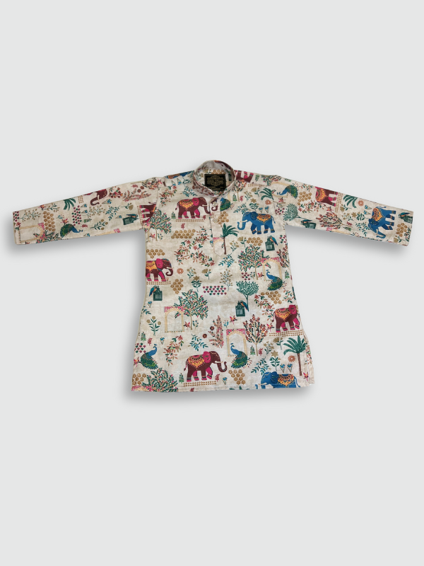 Boys' full-sleeve cream/off-white kurta featuring a colorful, all-over print of traditional Indian motifs including elephants, peacocks, and trees. The ethnic set is completed with solid white straight-fit pajamas
