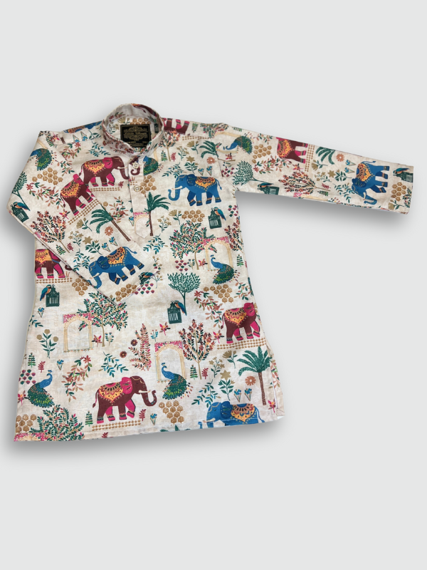 Boys' full-sleeve cream/off-white kurta featuring a colorful, all-over print of traditional Indian motifs including elephants, peacocks, and trees. The ethnic set is completed with solid white straight-fit pajamas