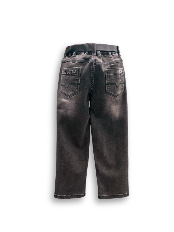 Washed black or charcoal gray boys' denim jeans with a straight leg fit, a distressed faded finish, and an attached black faux-leather belt.