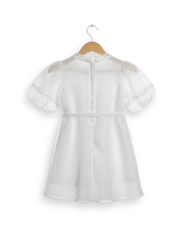 Front view of a girls' white sheer organza short-sleeve frock with painted/appliquéd blue, purple, and yellow floral designs and a matching white tie-belt with tassels.