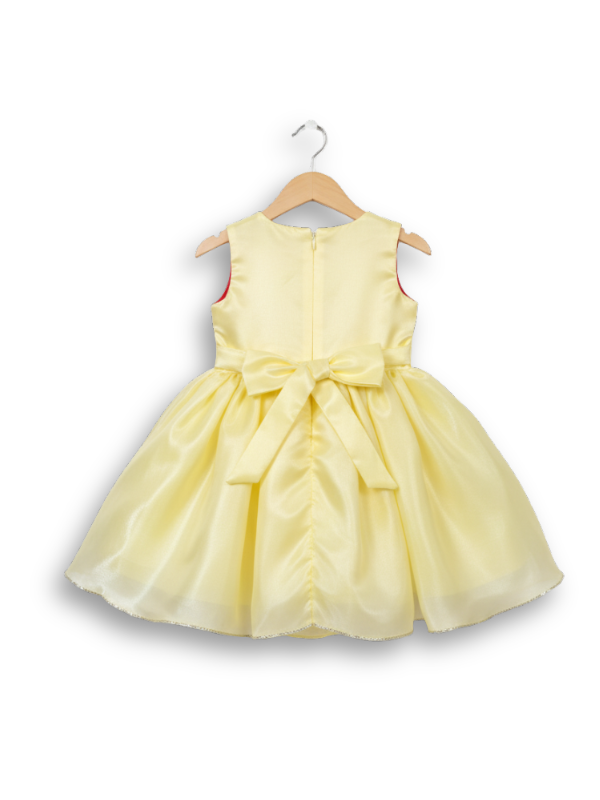 Pale yellow sleeveless girls' party frock on a hanger, featuring a shimmering, full skirt, a silver waistband, and two large yellow flower appliqués with white butterflies on the chest.