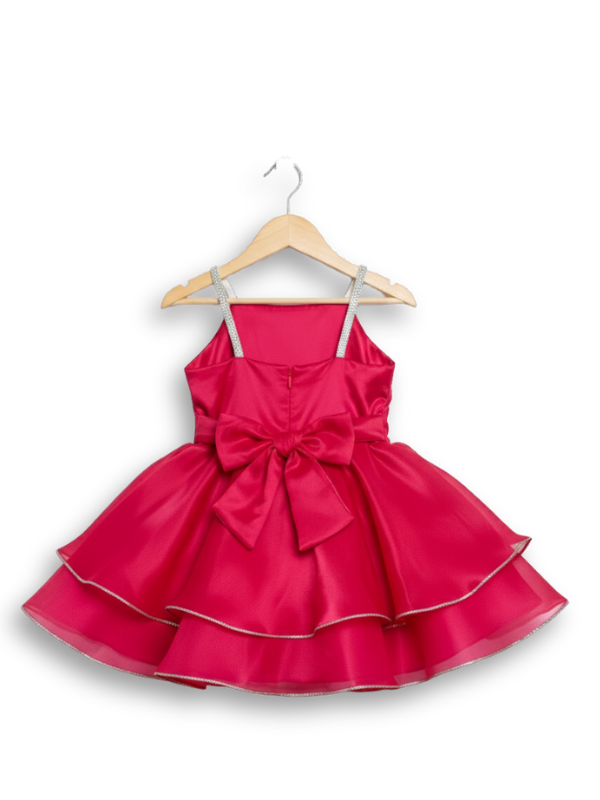 Hot rani pink girls' party frock on a hanger, featuring rhinestone straps, 3D flowers on the neckline, a large satin bow, and a full, tiered skirt with silver trim.