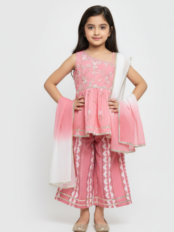 Full-length image of a young girl wearing a powder pink ethnic set with an embroidered sleeveless peplum top, tiered gharara pants with a geometric print, and a pink-to-white ombre dupatta.