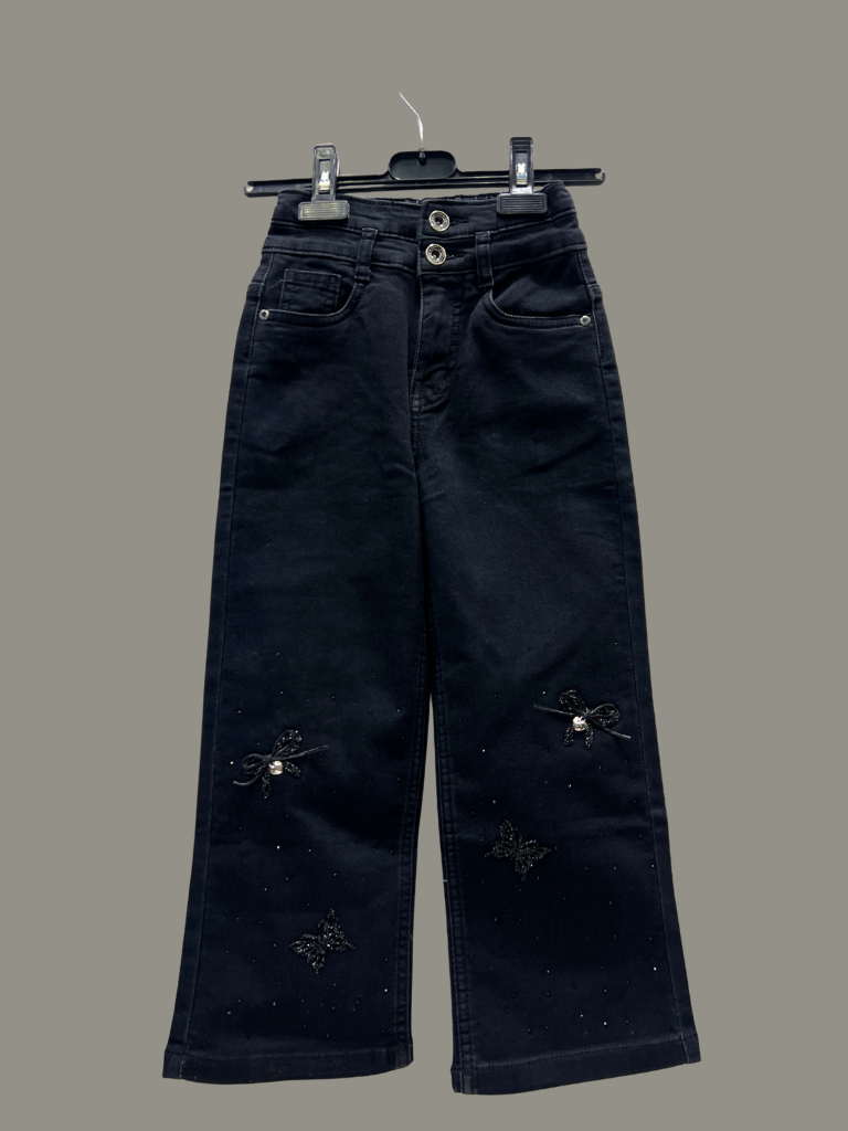 Girls’ Black Wide-Leg Jeans – Butterfly & Bow