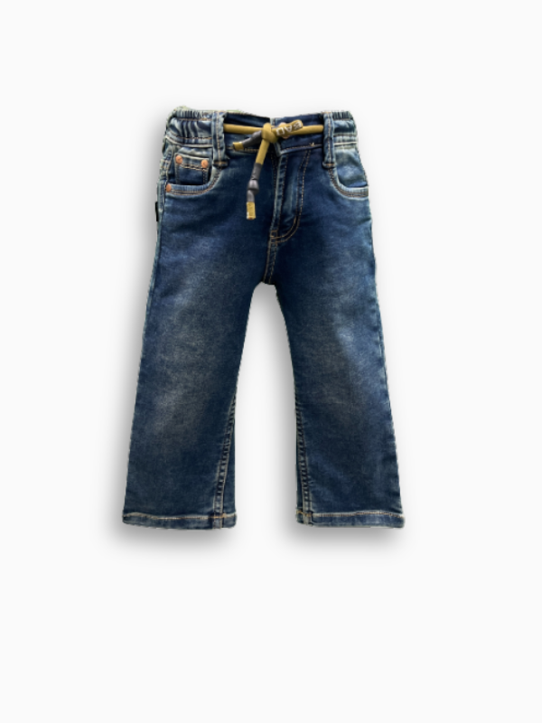 A pair of toddler boys' dark blue straight-leg denim jeans with an elastic waistband and a decorative brown and navy drawstring.