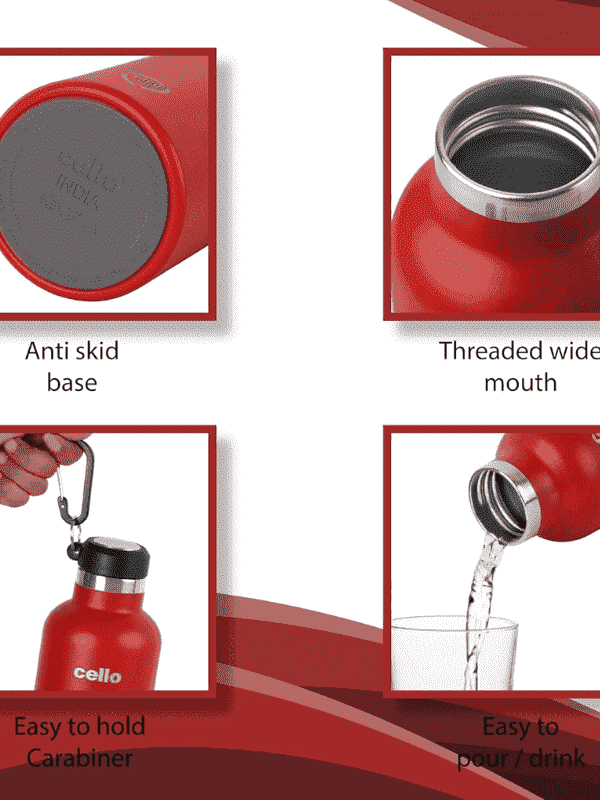 Cello Water Bottle Duro Hector Inside Steel 1100 Ml Red For Unisex.