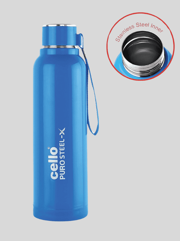 Cello Water Bottle Puro Steel-X Benz Inside Steel 900 Ml Blue For Unisex