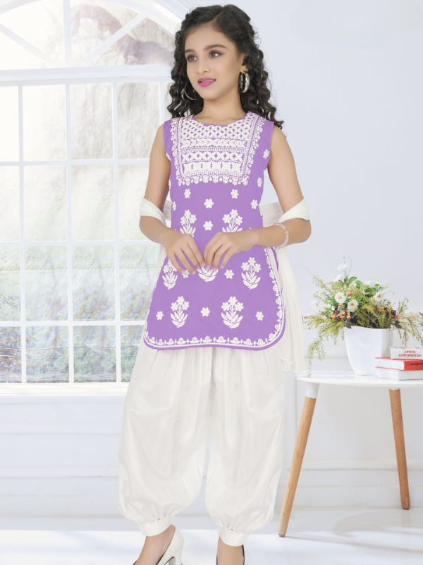Girls Traditional 3/4th Sleeves Patiala Set - Purple