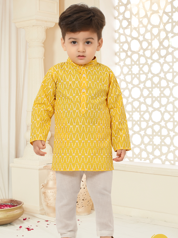 Boys Traditional Printed Chudidar Kurta Set - Yellow