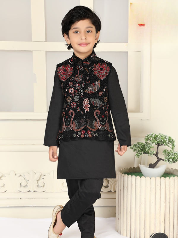Boys Traditional With Work Indo Western Kurta Set - Black