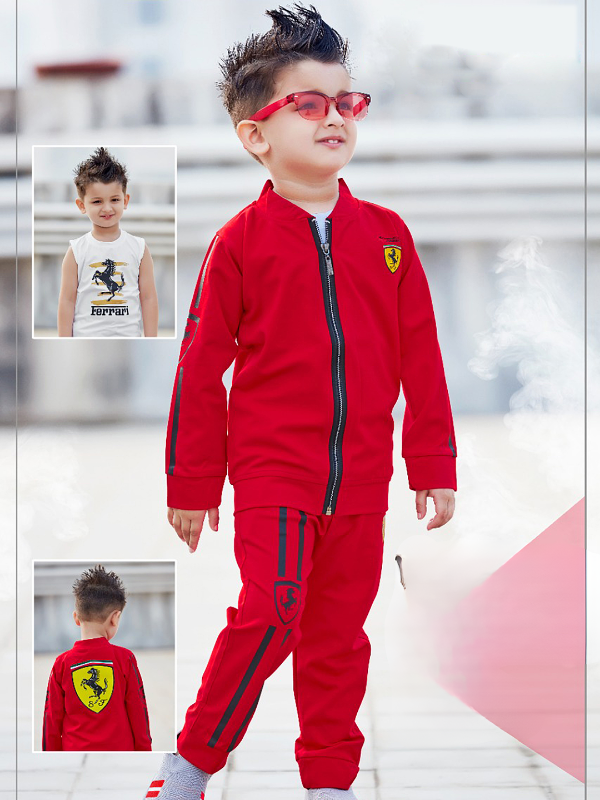 Boys Casual Coordinate Sets Printed Full Sleeves Track Pant Set - Red