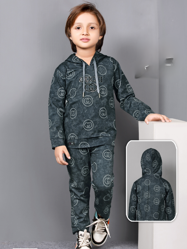 Boys Casual Coordinate Sets Printed Full Sleeves Track Pant Set - Grey