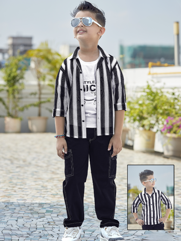 Boys Casual Party Full Sleeves Pant Suit Shirt Set - Black