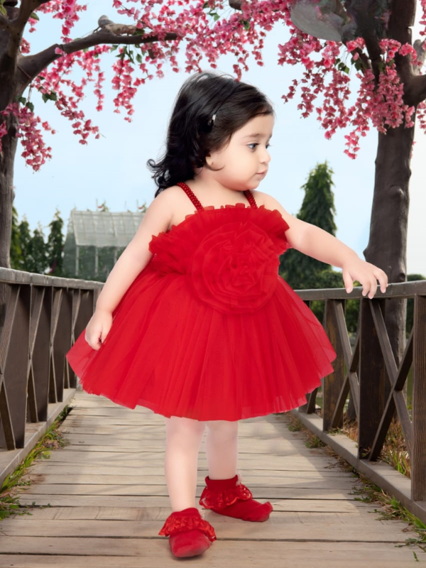 Girls Party Plain Regular Party Frock - Red