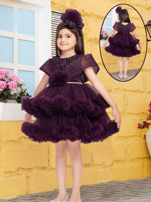 Girls Party Heavy Party Frock with work - Purple