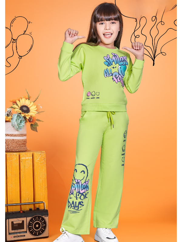 Girls' Casual Neon Lime Green Graphic Print Sweatshirt and Wide-Leg Track Pant Set