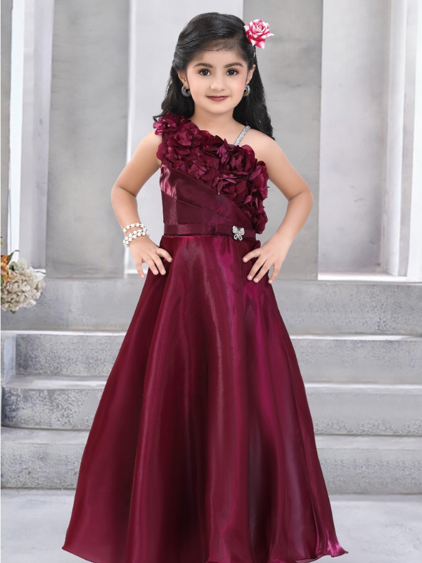Girls Party Plain Satin Western Gown - Purple