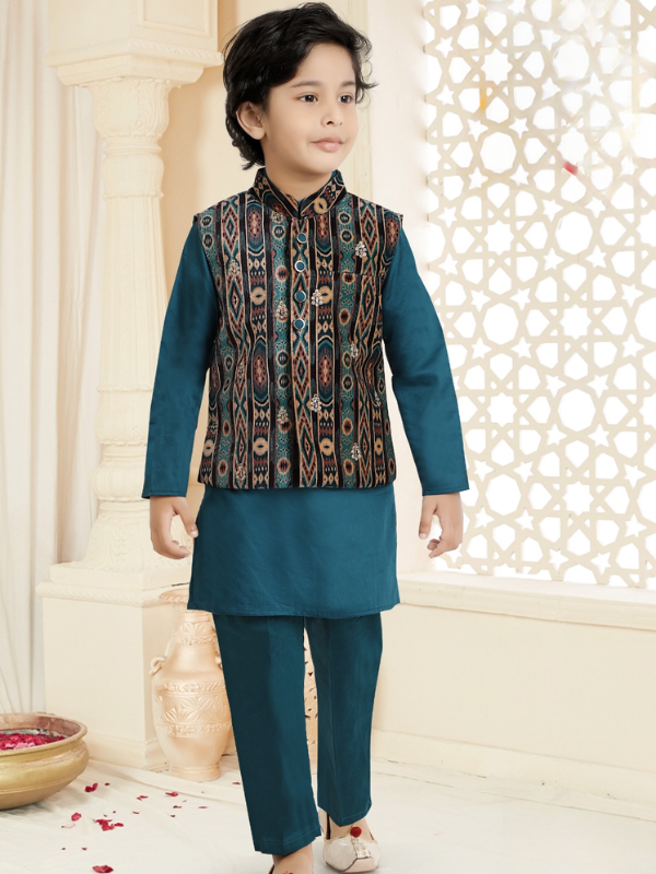 Boys Traditional Self Design Chudidar Kurta with Koti - Navy Blue