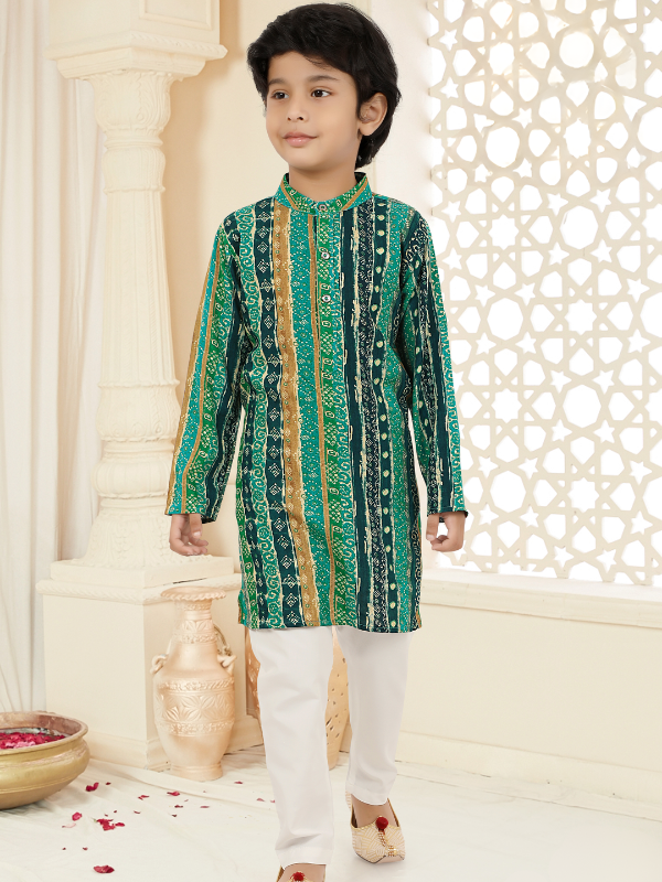 Boys Traditional Printed Chudidar Kurta Set - Green