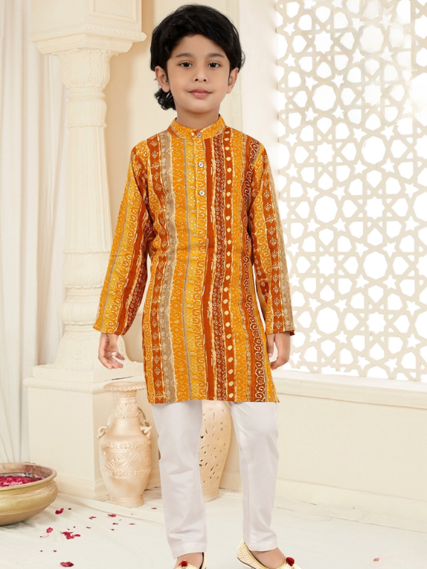 Boys Traditional Printed Chudidar Kurta Set - Yellow